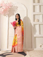 Shivam Fabrics Yellow Lichi Patta Fabric Printed Saree | Grocsy
