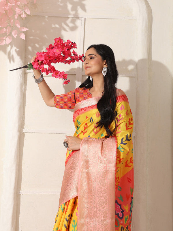 Shivam Fabrics Yellow Lichi Patta Fabric Printed Saree | Grocsy