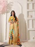Shivam Fabrics Yellow Lichi Patta Fabric Printed Saree | Grocsy