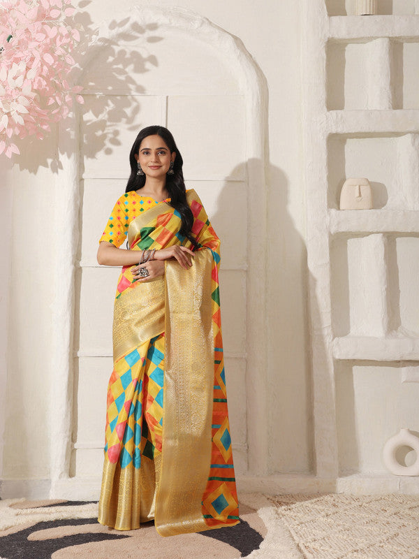 Shivam Fabrics Yellow Lichi Patta Fabric Printed Saree | Grocsy