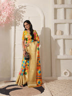 Shivam Fabrics Yellow Lichi Patta Fabric Printed Saree | Grocsy