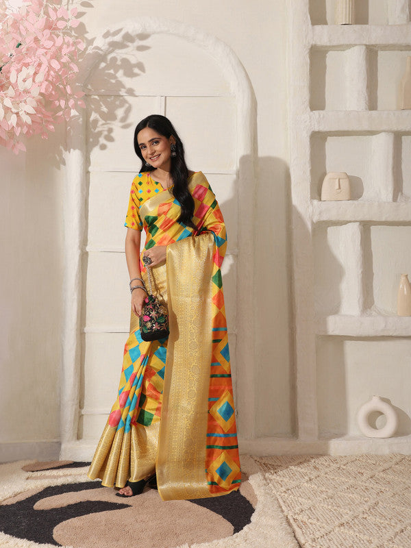 Shivam Fabrics Yellow Lichi Patta Fabric Printed Saree | Grocsy