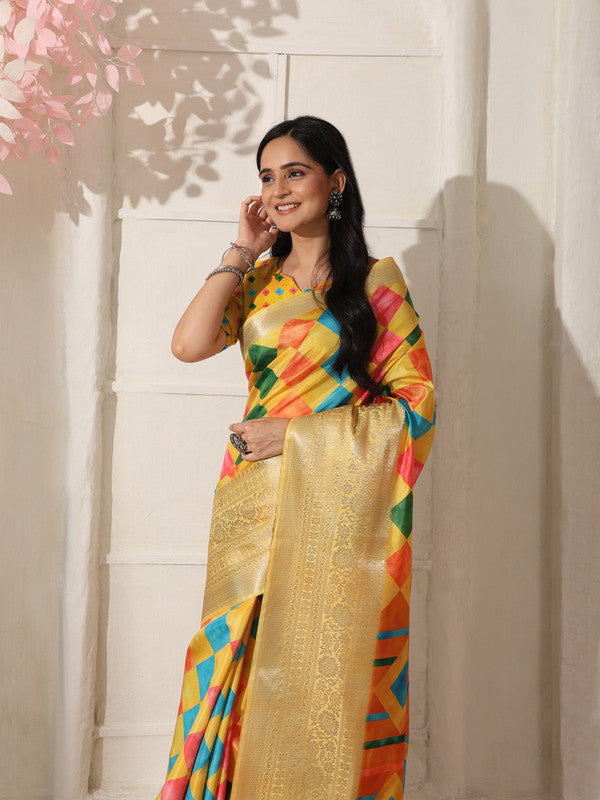 Shivam Fabrics Yellow Lichi Patta Fabric Printed Saree | Grocsy