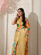 Shivam Fabrics Yellow Lichi Patta Fabric Printed Saree | Grocsy