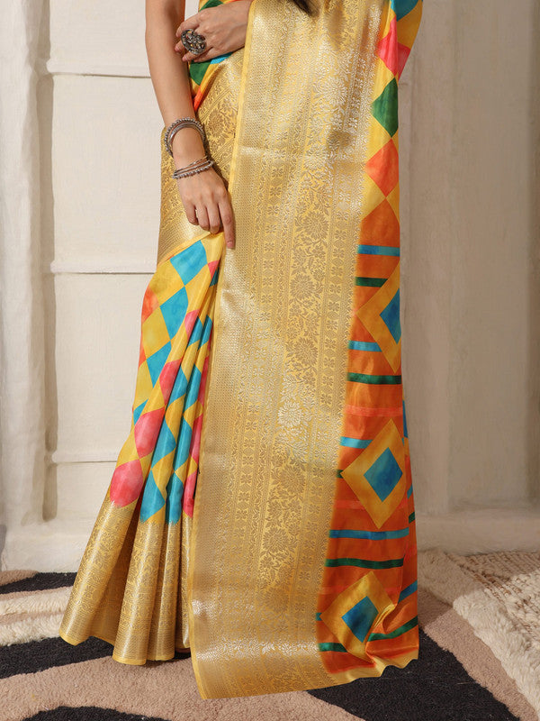 Shivam Fabrics Yellow Lichi Patta Fabric Printed Saree | Grocsy