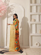 Shivam Fabrics Yellow Lichi Patta Fabric Printed Saree | Grocsy
