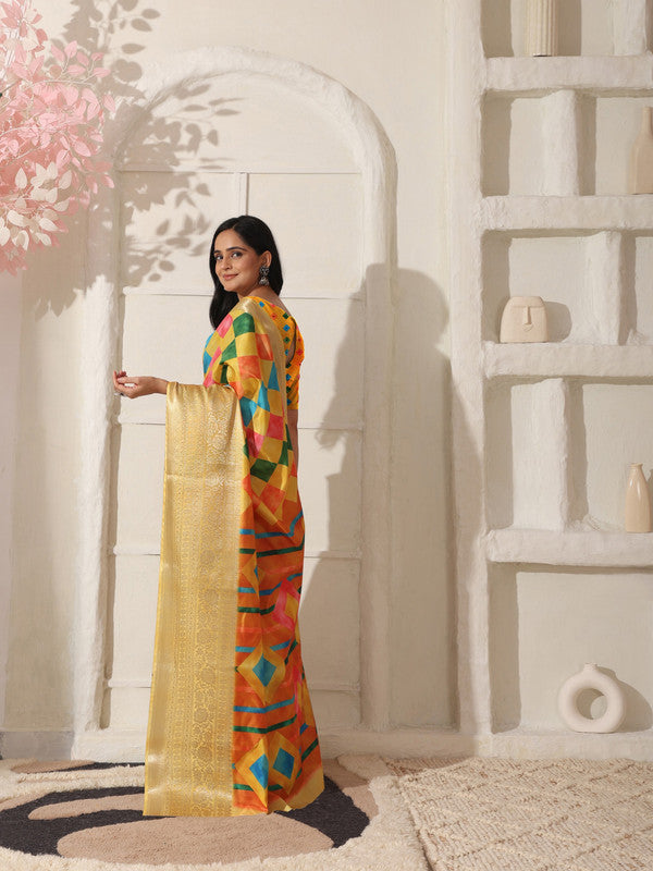 Shivam Fabrics Yellow Lichi Patta Fabric Printed Saree | Grocsy