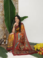 Shivam Fabrics Yellow Tussar Silk Fabric Printed Saree | Grocsy