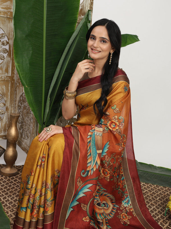 Shivam Fabrics Yellow Tussar Silk Fabric Printed Saree | Grocsy