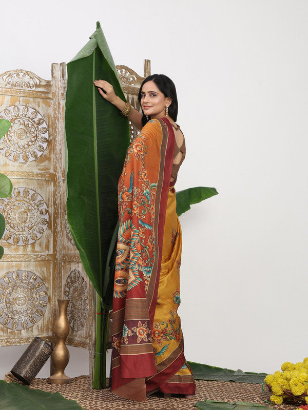 Shivam Fabrics Yellow Tussar Silk Fabric Printed Saree | Grocsy