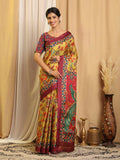 Shivam Fabrics Yellow Tussar Silk Fabric Printed Saree | Grocsy