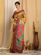 Shivam Fabrics Yellow Tussar Silk Fabric Printed Saree | Grocsy
