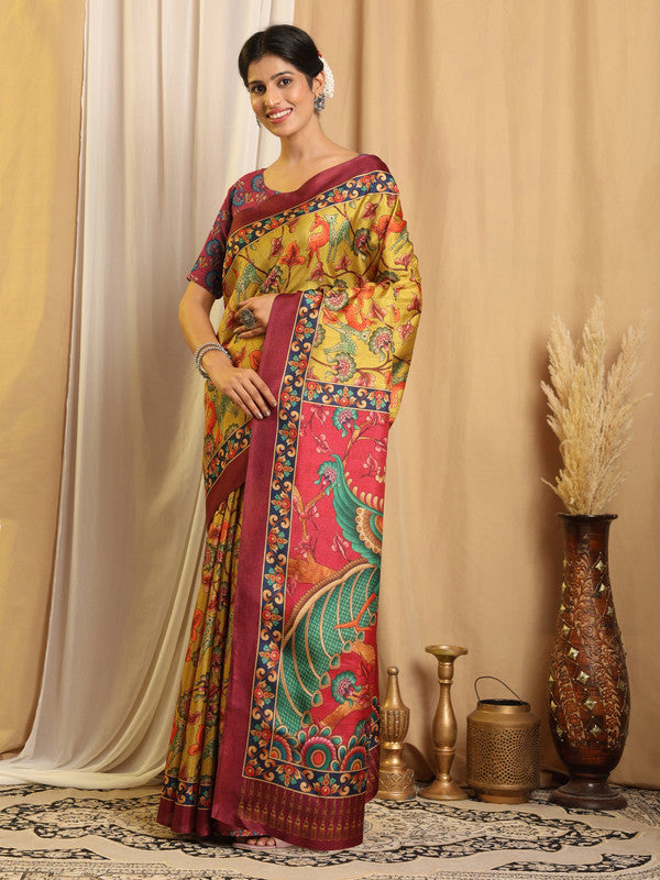 Shivam Fabrics Yellow Tussar Silk Fabric Printed Saree | Grocsy