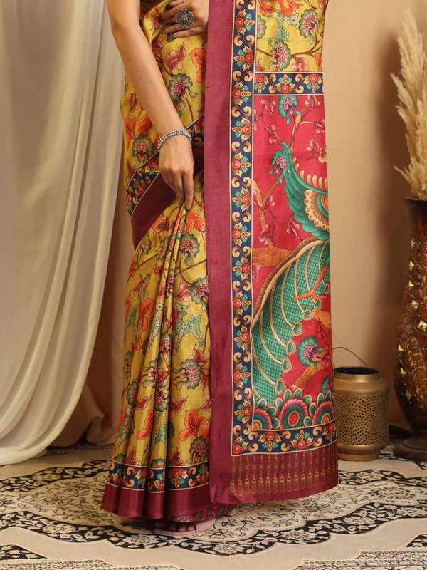 Shivam Fabrics Yellow Tussar Silk Fabric Printed Saree | Grocsy
