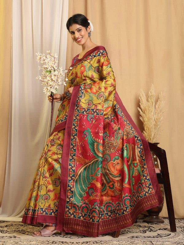 Shivam Fabrics Yellow Tussar Silk Fabric Printed Saree | Grocsy