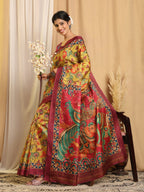 Shivam Fabrics Yellow Tussar Silk Fabric Printed Saree | Grocsy
