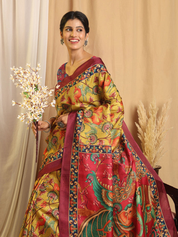 Shivam Fabrics Yellow Tussar Silk Fabric Printed Saree | Grocsy
