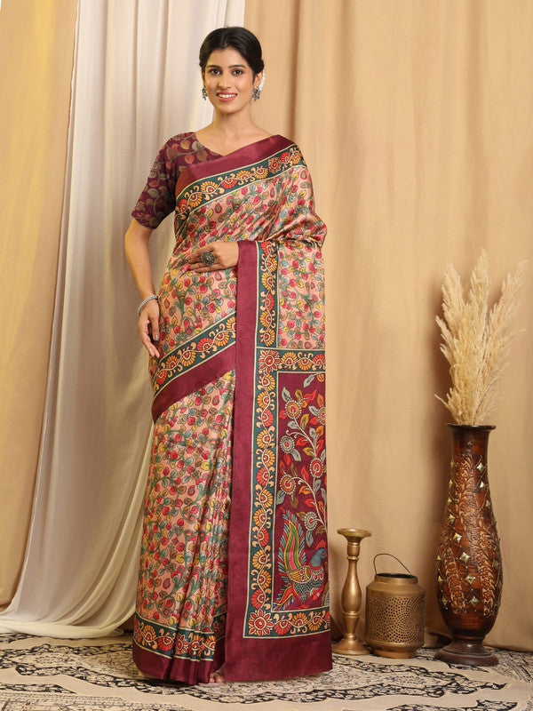 Shivam Fabrics Multi Color Tussar Silk Fabric Printed Saree | Grocsy