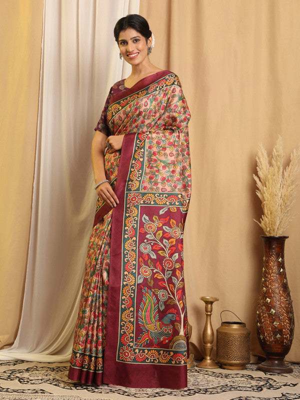 Shivam Fabrics Multi Color Tussar Silk Fabric Printed Saree | Grocsy