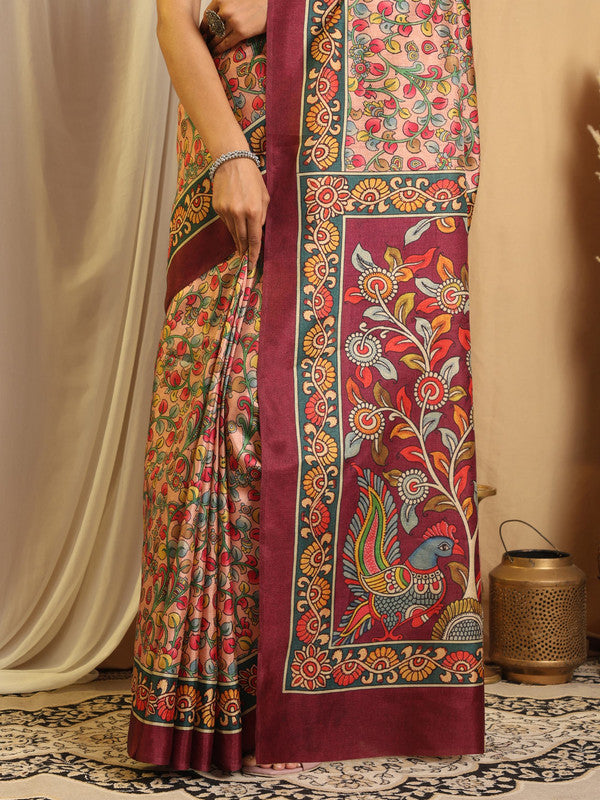 Shivam Fabrics Multi Color Tussar Silk Fabric Printed Saree | Grocsy