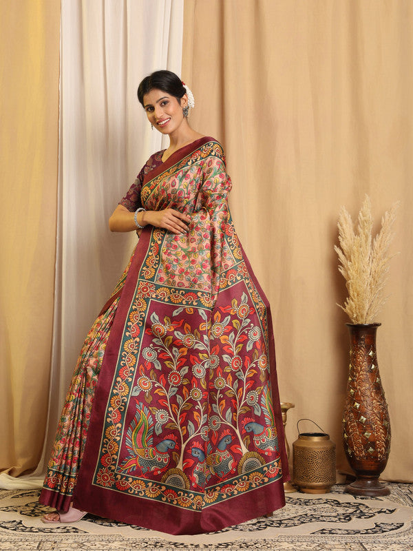 Shivam Fabrics Multi Color Tussar Silk Fabric Printed Saree | Grocsy