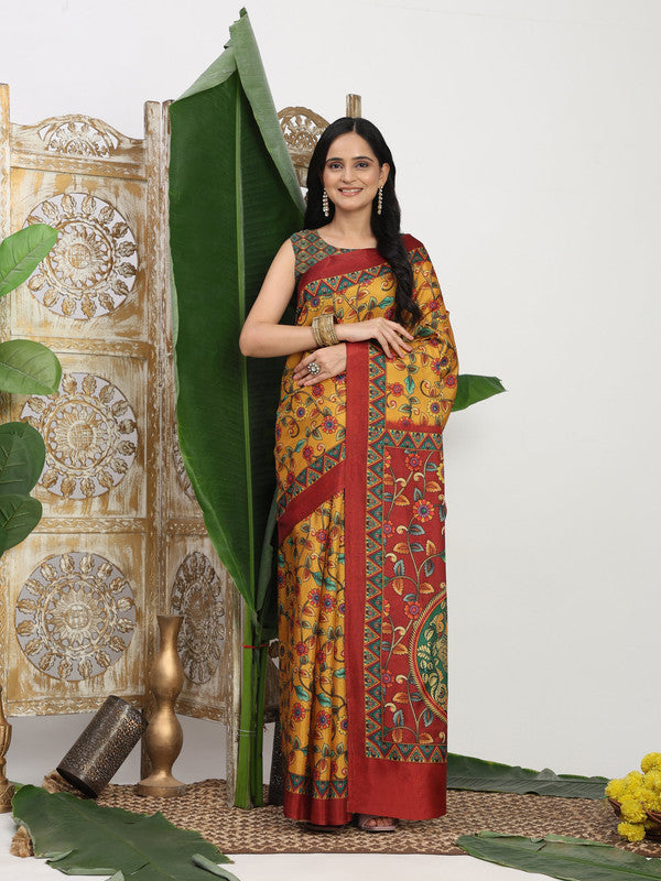 Shivam Fabrics Mustard Tussar Silk Fabric Printed Saree | Grocsy