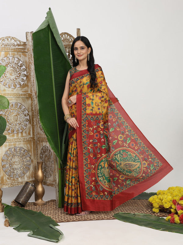 Shivam Fabrics Mustard Tussar Silk Fabric Printed Saree | Grocsy