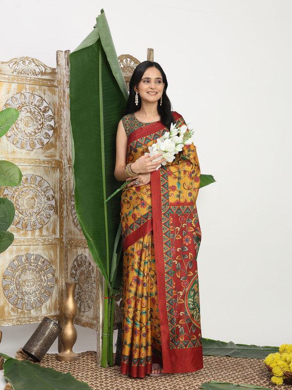 Shivam Fabrics Mustard Tussar Silk Fabric Printed Saree | Grocsy