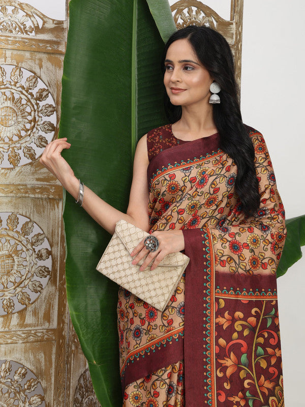 Shivam Fabrics Beige Tussar Silk Fabric Printed Saree | Grocsy