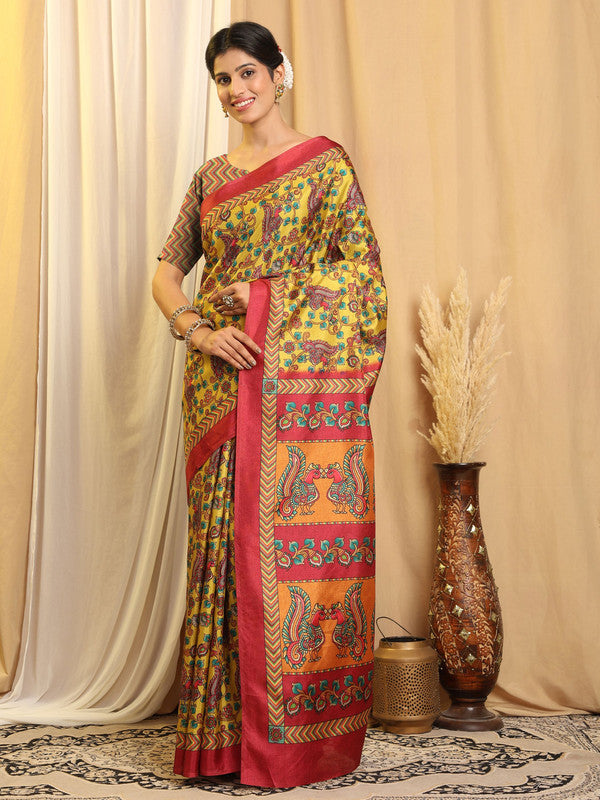 Shivam Fabrics Yellow Tussar Silk Fabric Printed Saree | Grocsy