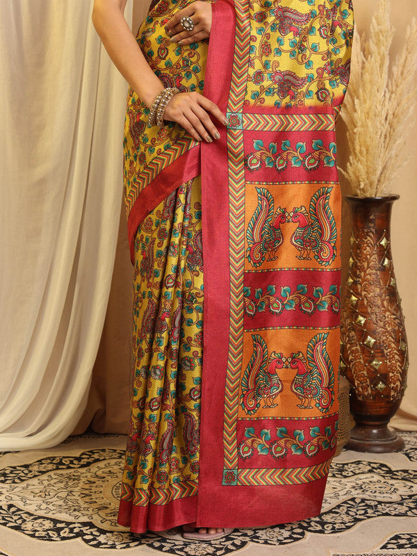 Shivam Fabrics Yellow Tussar Silk Fabric Printed Saree | Grocsy