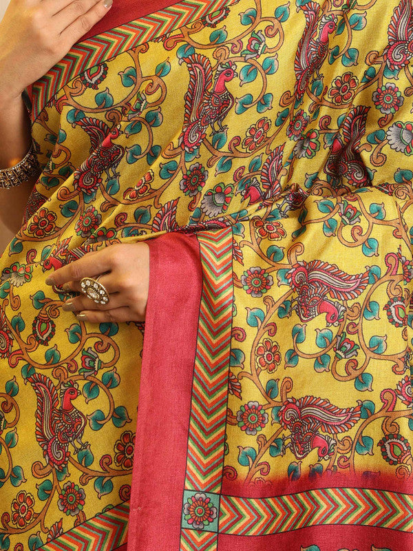 Shivam Fabrics Yellow Tussar Silk Fabric Printed Saree | Grocsy