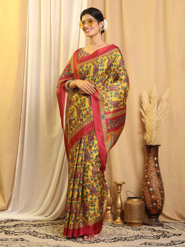Shivam Fabrics Yellow Tussar Silk Fabric Printed Saree | Grocsy