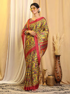 Shivam Fabrics Yellow Tussar Silk Fabric Printed Saree | Grocsy