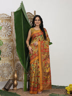 Shivam Fabrics Yellow Tussar Silk Fabric Printed Saree | Grocsy
