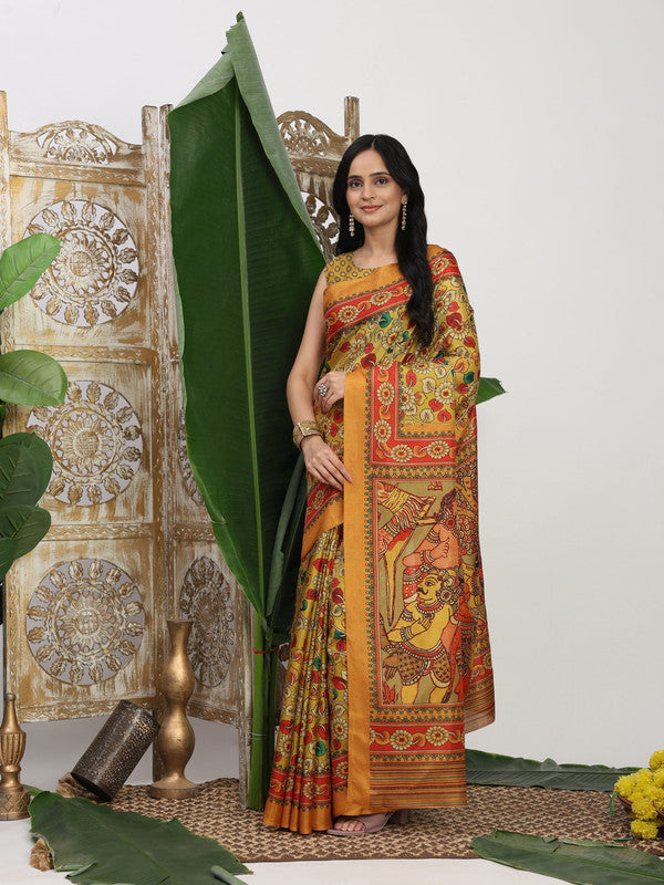 Shivam Fabrics Yellow Tussar Silk Fabric Printed Saree | Grocsy