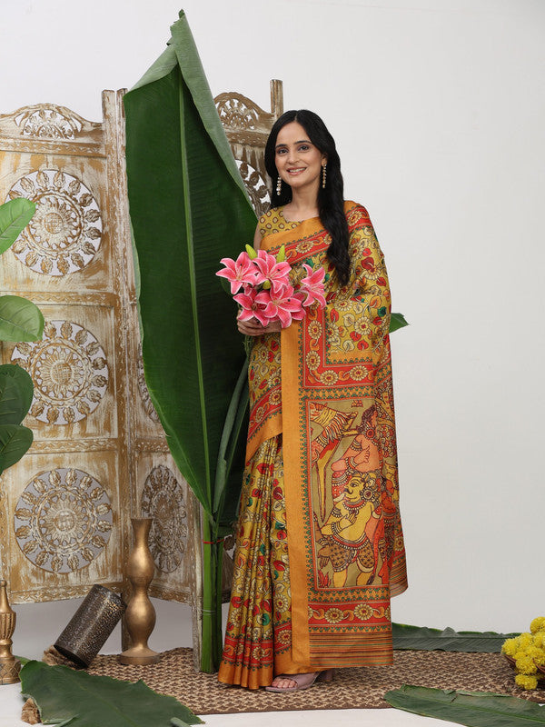 Shivam Fabrics Yellow Tussar Silk Fabric Printed Saree | Grocsy
