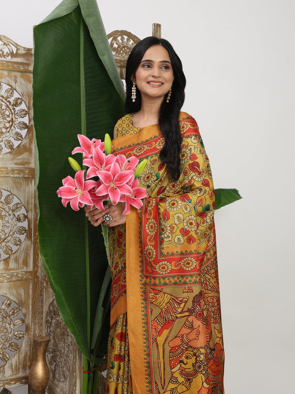 Shivam Fabrics Yellow Tussar Silk Fabric Printed Saree | Grocsy