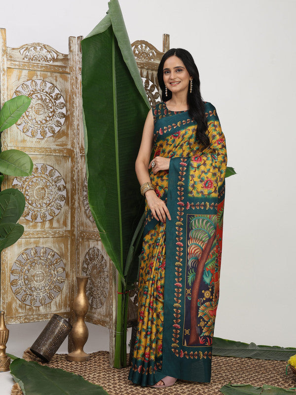 Shivam Fabrics Yellow Tussar Silk Fabric Printed Saree | Grocsy
