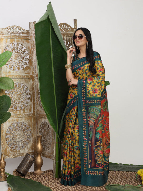 Shivam Fabrics Yellow Tussar Silk Fabric Printed Saree | Grocsy