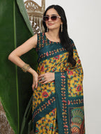 Shivam Fabrics Yellow Tussar Silk Fabric Printed Saree | Grocsy