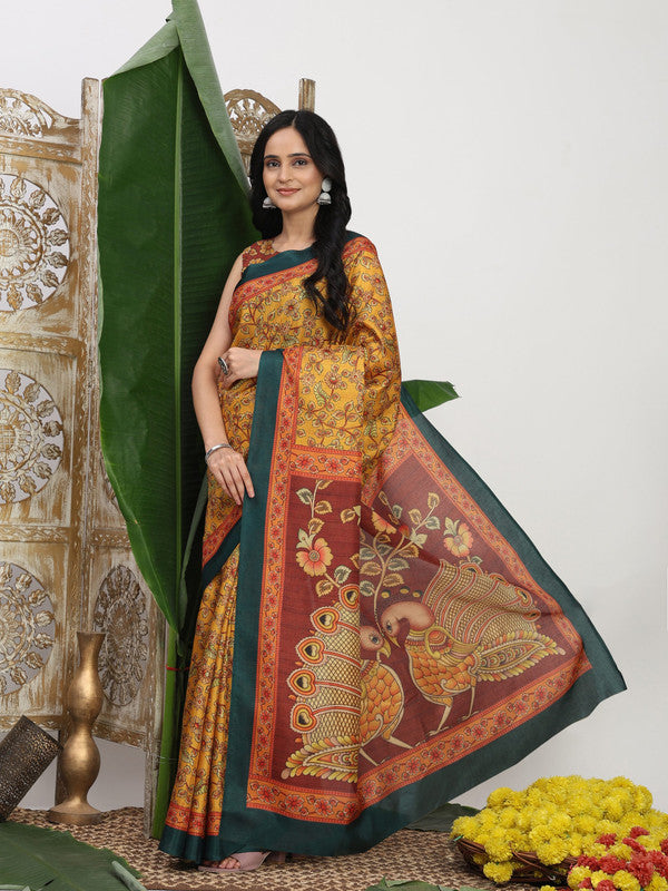 Shivam Fabrics Yellow Tussar Silk Fabric Printed Saree | Grocsy