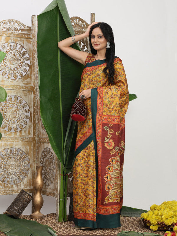 Shivam Fabrics Yellow Tussar Silk Fabric Printed Saree | Grocsy