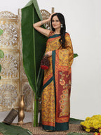 Shivam Fabrics Yellow Tussar Silk Fabric Printed Saree | Grocsy