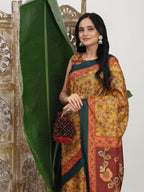 Shivam Fabrics Yellow Tussar Silk Fabric Printed Saree | Grocsy