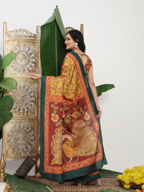 Shivam Fabrics Yellow Tussar Silk Fabric Printed Saree | Grocsy
