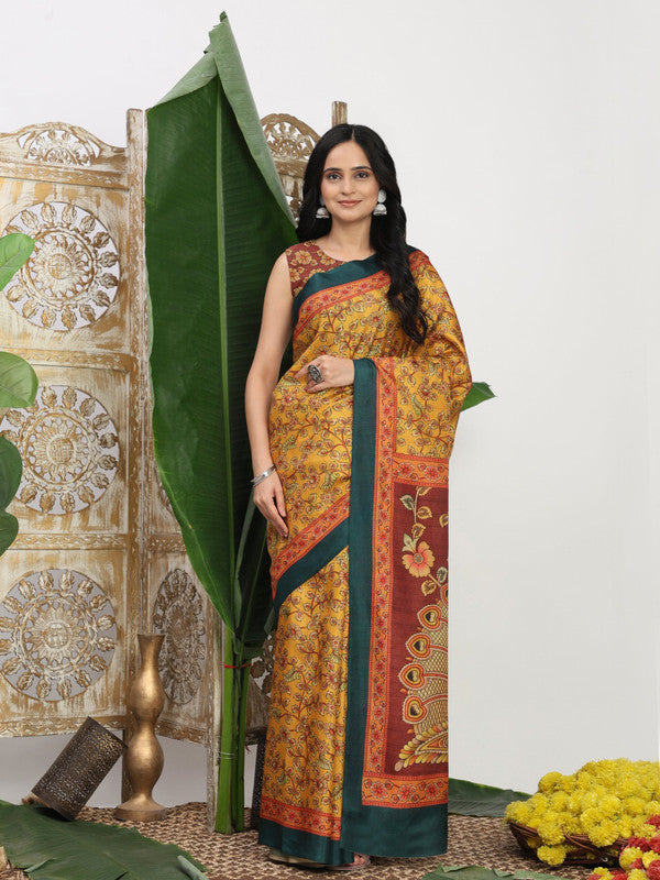 Shivam Fabrics Yellow Tussar Silk Fabric Printed Saree | Grocsy