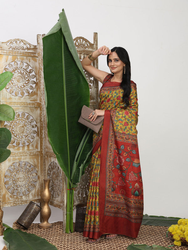 Shivam Fabrics Yellow Tussar Silk Fabric Printed Saree | Grocsy
