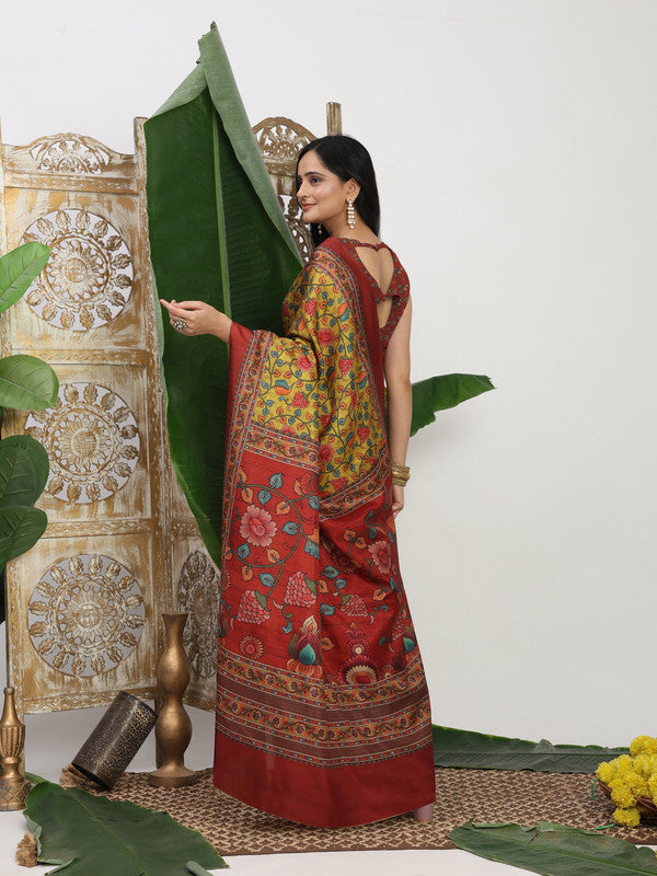 Shivam Fabrics Yellow Tussar Silk Fabric Printed Saree | Grocsy