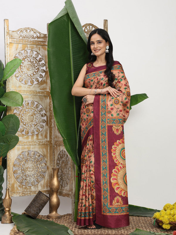 Shivam Fabrics Pink Tussar Silk Fabric Printed Saree | Grocsy